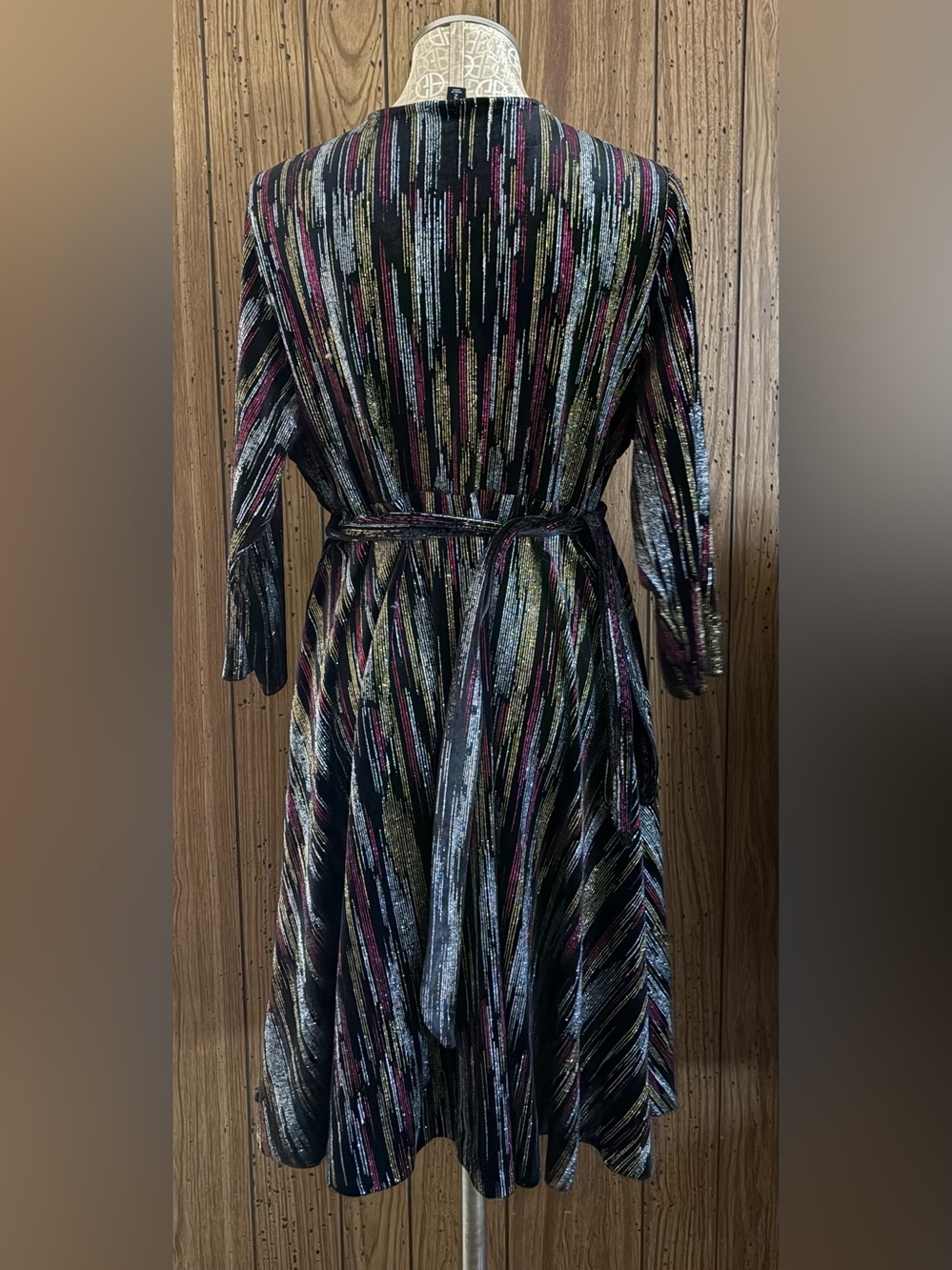 torrid Black Metallic Stripe Wrap Dress with Gold and red  Highlights - Picture 3 of 4